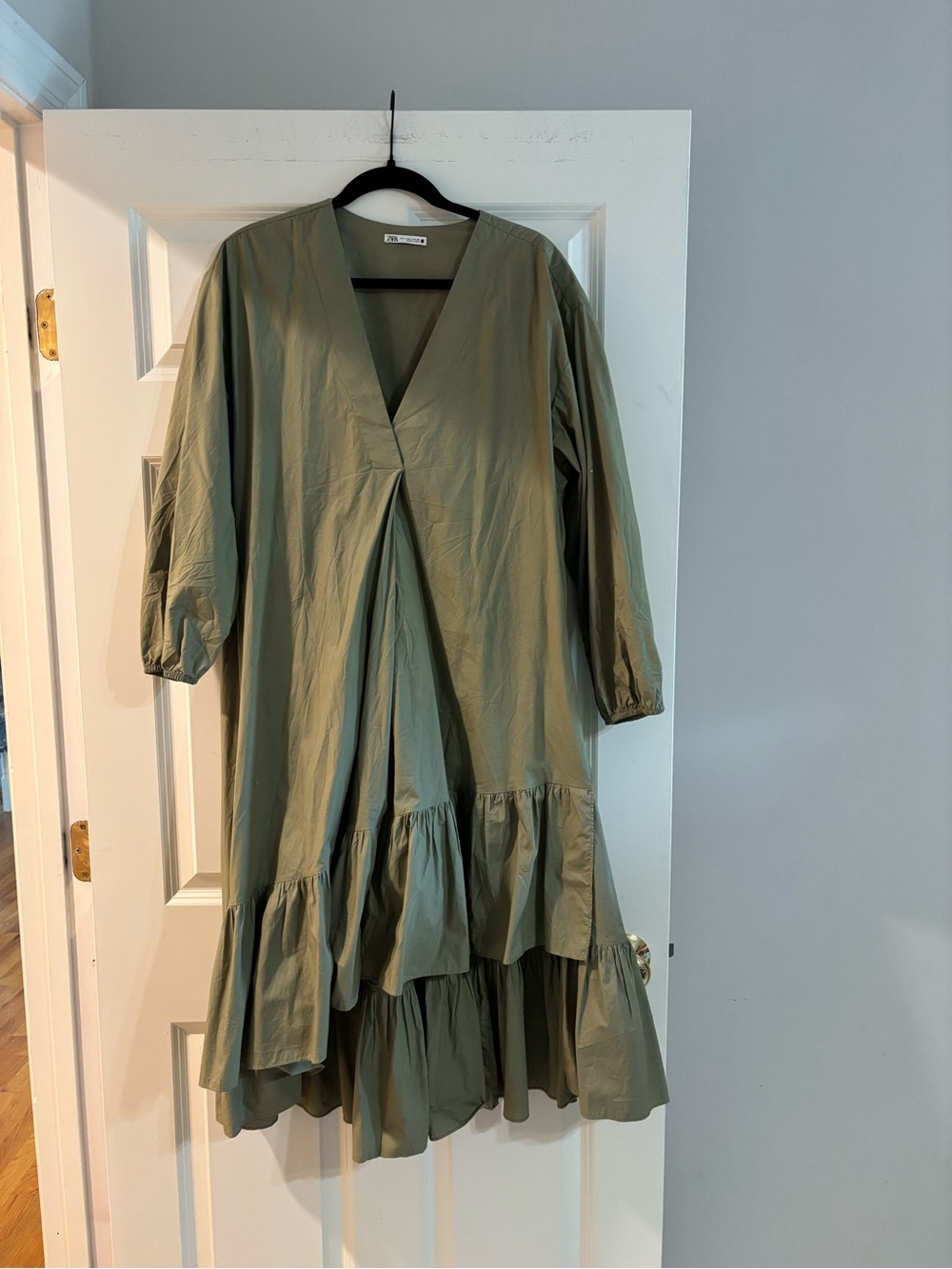 Zara Olive Green V-Neck Tiered High-Low Dress